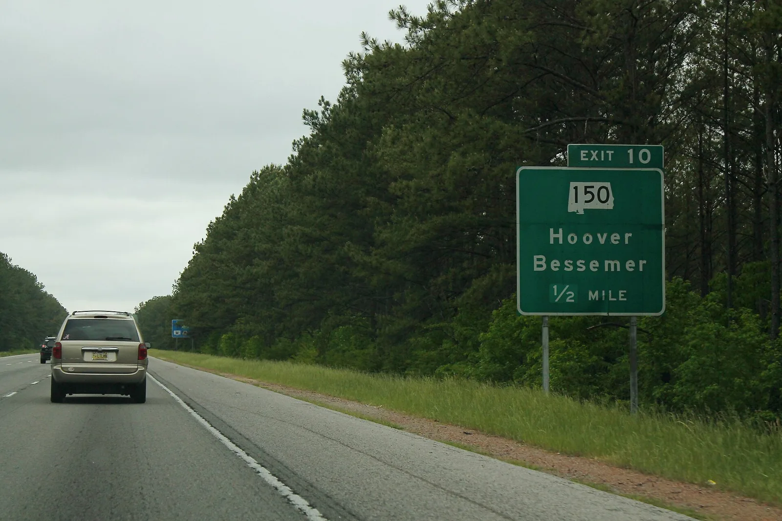 Southbound I-459 approaching Exit 10 for Alabama 150 and Hoover.