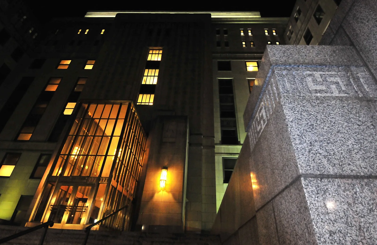 The Jefferson County Courthouse in downtown Birmingham, home of the county's tax offices, lit at night.