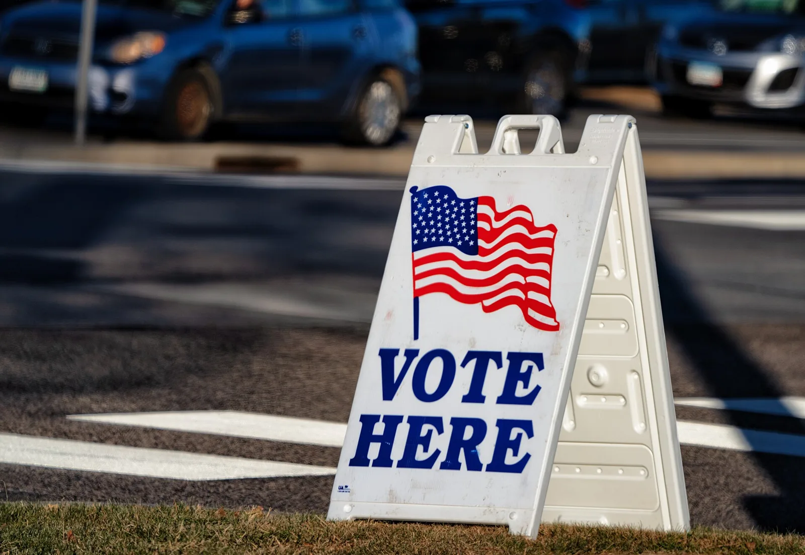 A Vote Here sign outside a polling place on a general election day.